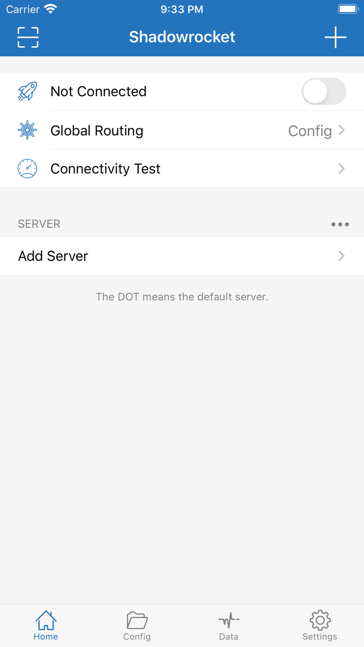 Official Shadowrocket Home screenshot showing the connection switch, Global Routing, and Add Server